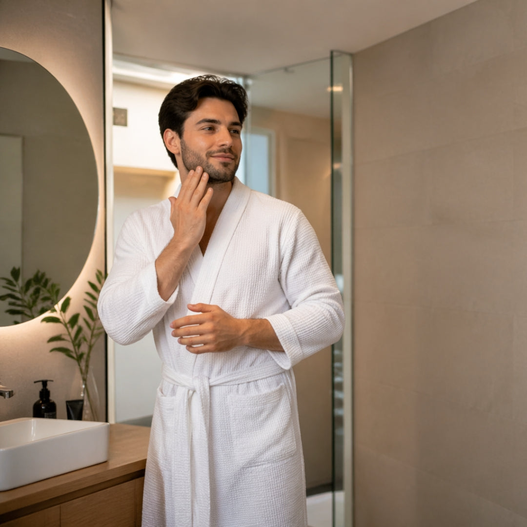 Man in a white robe standing in a bathroom, looking at himself in the mirror.