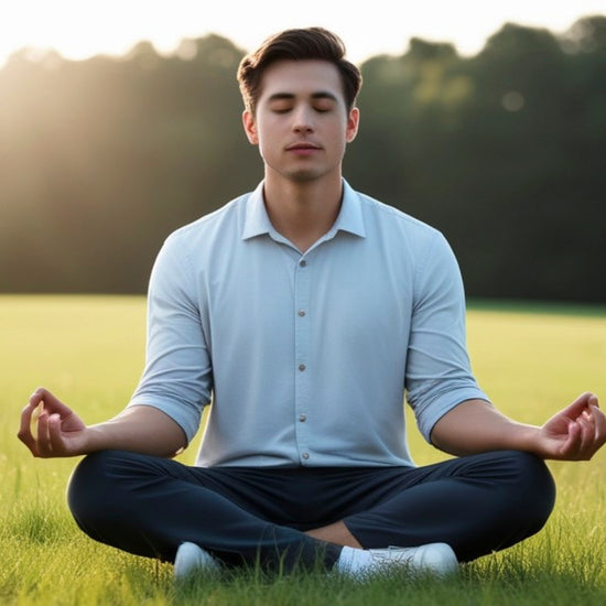 Man meditating in a field with a blurred natural background