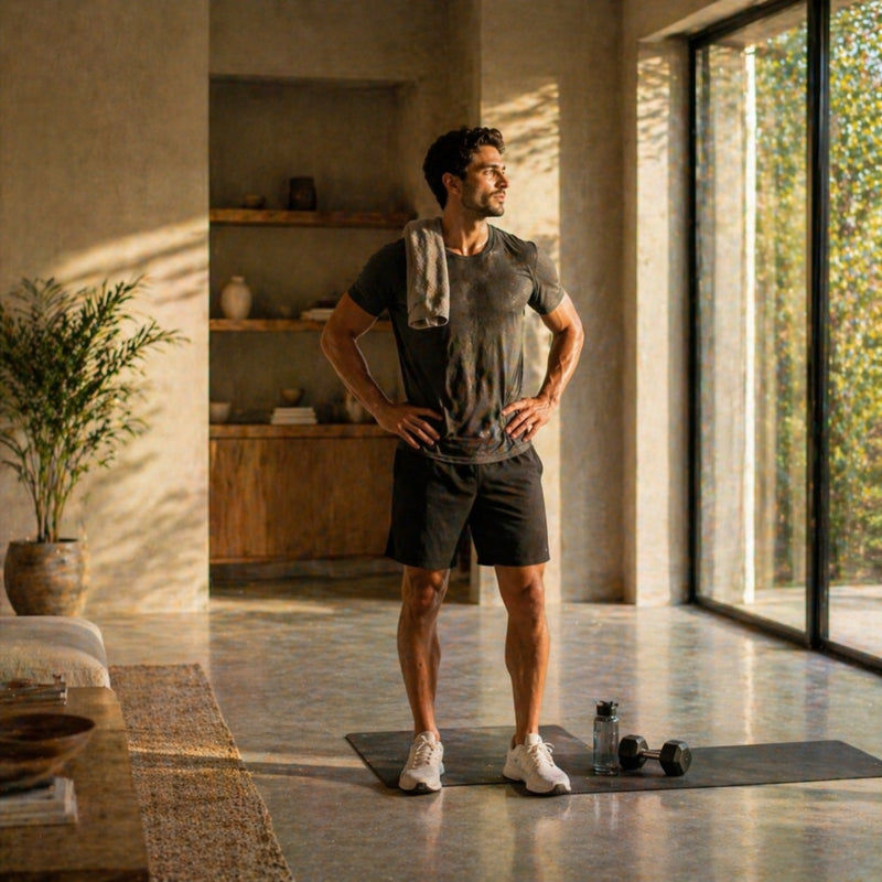 Man standing on a yoga mat in a modern living room with exercise equipment.