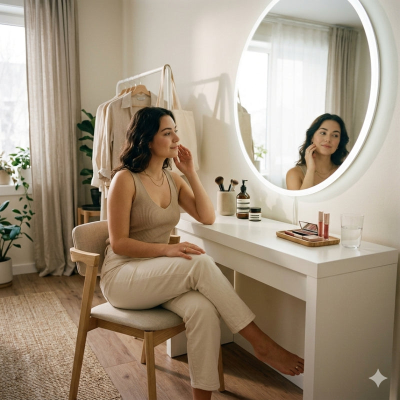 Woman sitting at a vanity mirror in a well-lit room with a neutral color scheme.